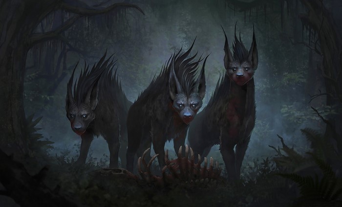 Three dark creatures in a misty forest with bones