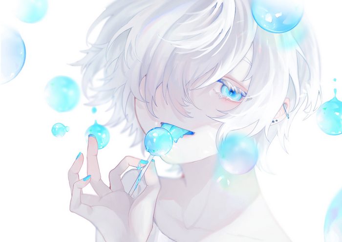 Boy with white hair and blue eyes eating a lollipop