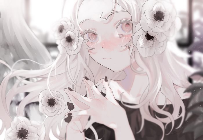 Girl with long white hair and pink eyes