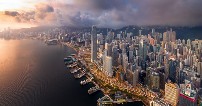 Hong Kong cityscape aerial view at sunset