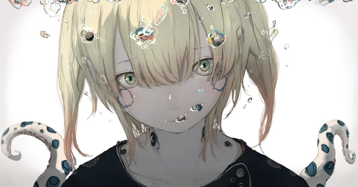 Girl with blonde hair and tentacles underwater