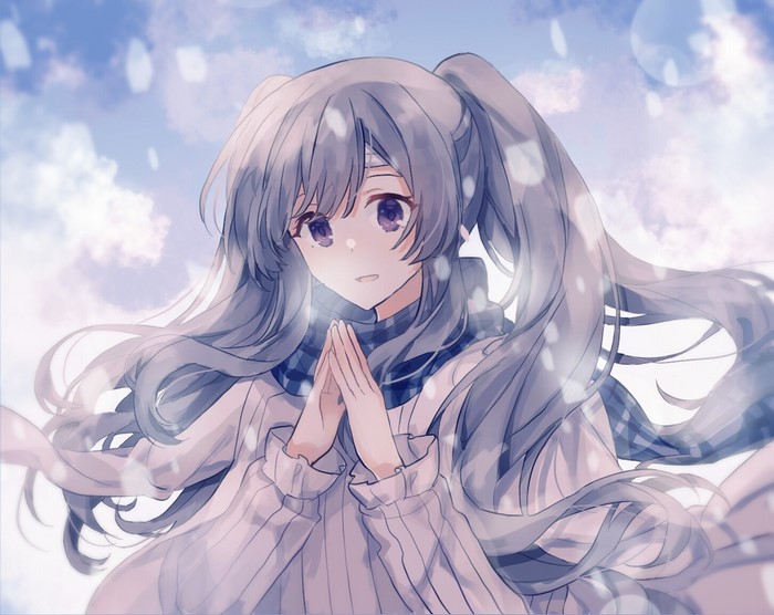 Anime girl with pigtails in winter