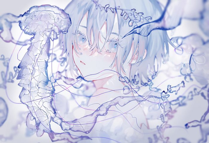 Girl with Blue Hair and Jellyfish