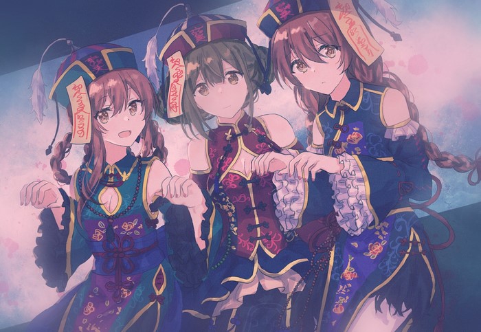 Three anime girls in traditional Chinese outfits