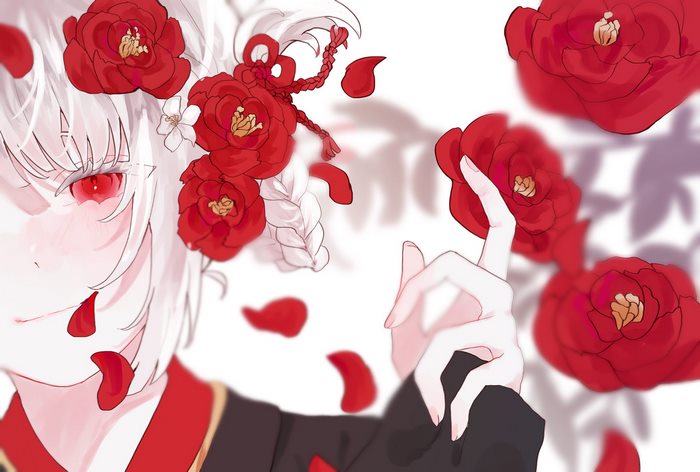 Girl with red eyes and camellias in hair