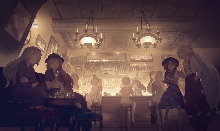 Anime girls in a bar with chandeliers