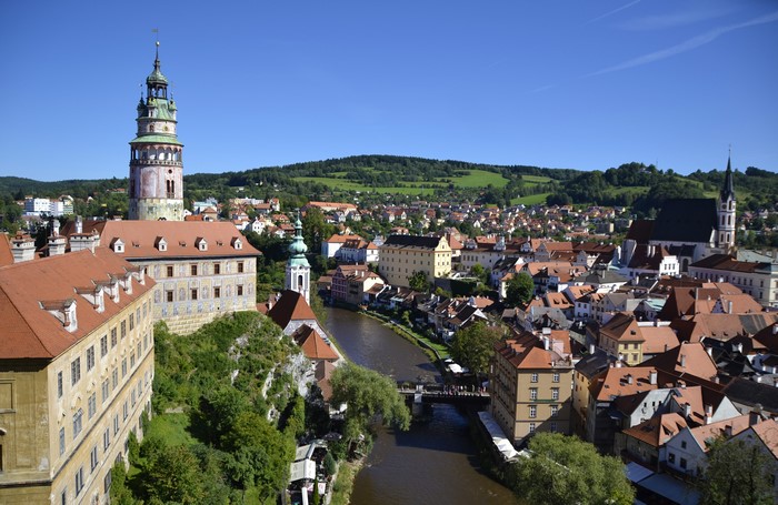 Český Krumlov cityscape with river and castle tower