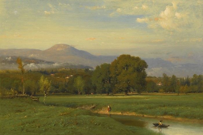 Landscape painting with mountains, trees, and a river