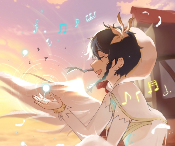 Venti from Genshin Impact singing with music notes
