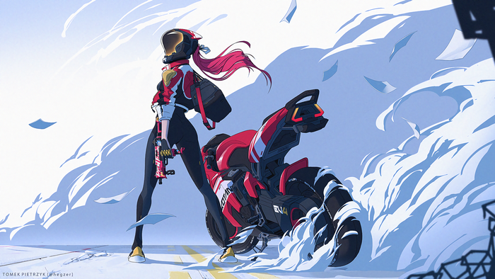 Artwork of a woman with a motorcycle and gun