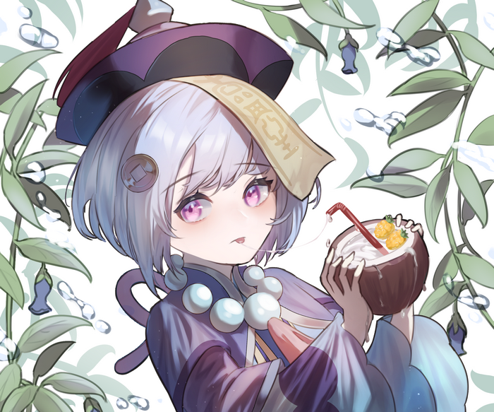 Qiqi from Genshin Impact drinking coconut juice