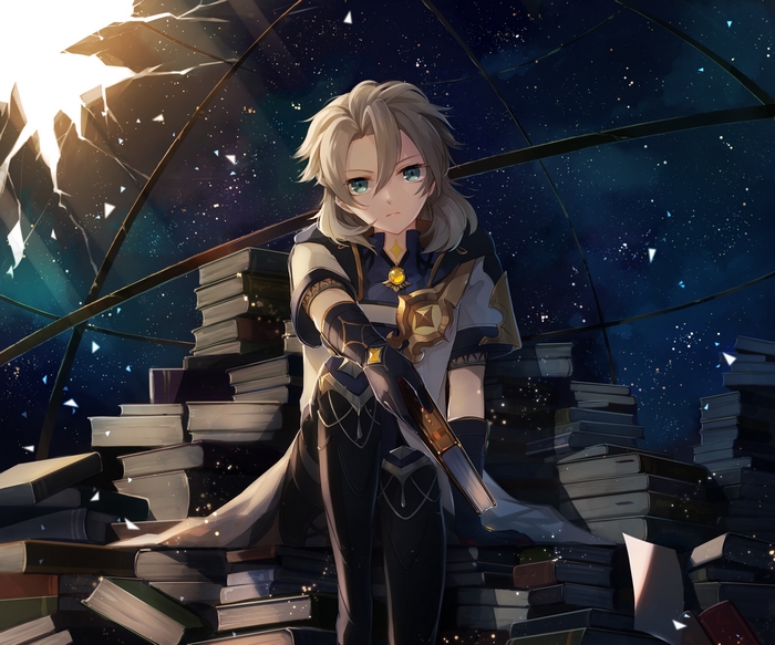 Albedo sitting on books under a starry sky