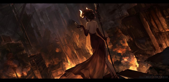 Woman with horns in a burning city