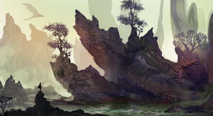 Fantasy landscape with dragon and warrior