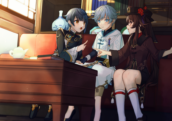 Chongyun, Hu Tao, and Xingqiu sitting on a couch