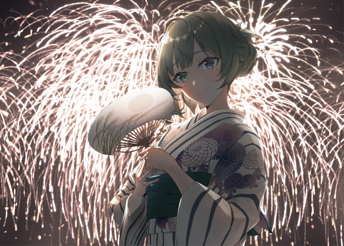 Anime girl in yukata holding a fan with fireworks