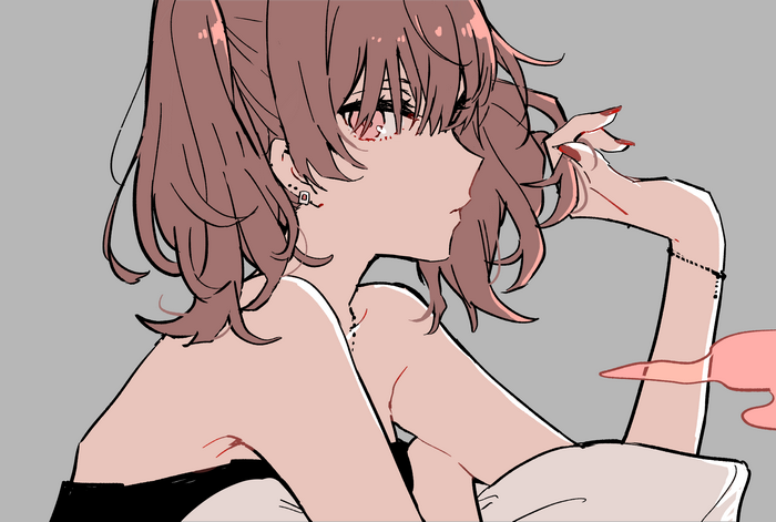Anime girl with hands in hair and painted fingernails