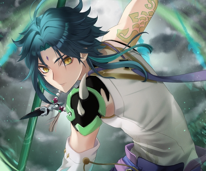 Xiao from Genshin Impact with green markings