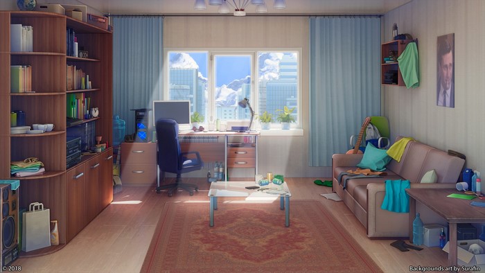 Anime room interior with a desk and couch