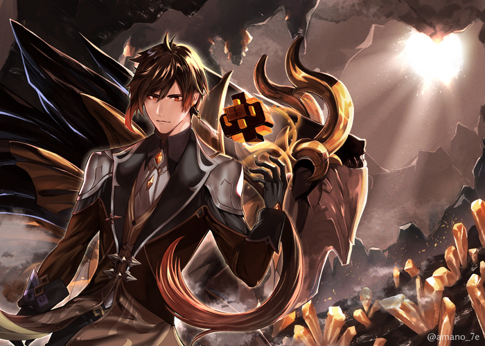 Zhongli from Genshin Impact in a cave
