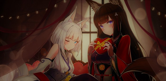 Kaga and Amagi from Azur Lane with a heart-shaped box