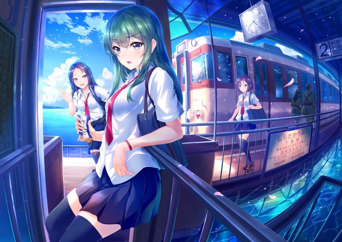 Anime girls in school uniforms at a train station