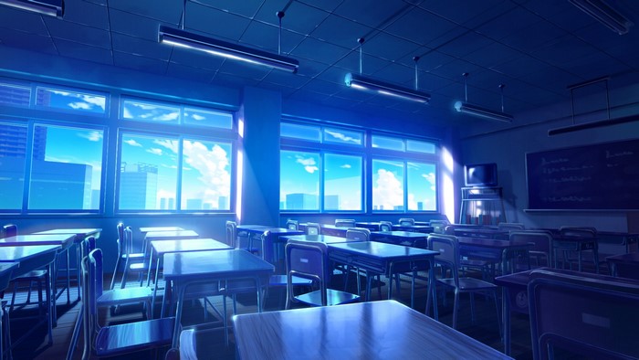 Anime classroom with city view
