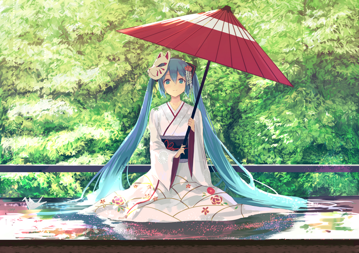 Hatsune Miku in Kimono with Fox Mask and Umbrella