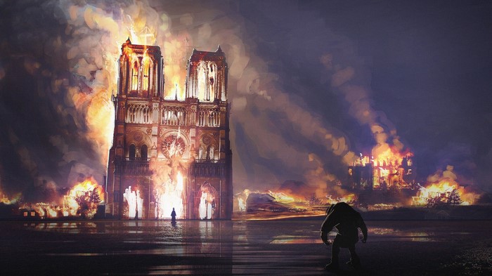 Notre-Dame Cathedral on fire, artwork