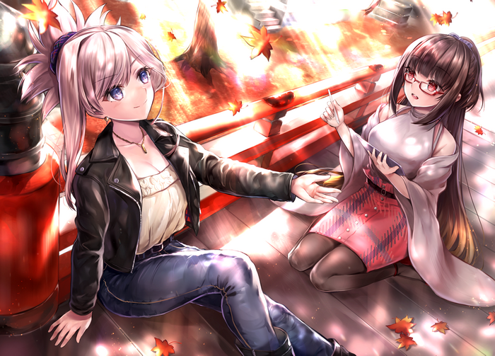 Two anime girls sitting on a wooden platform with autumn leaves