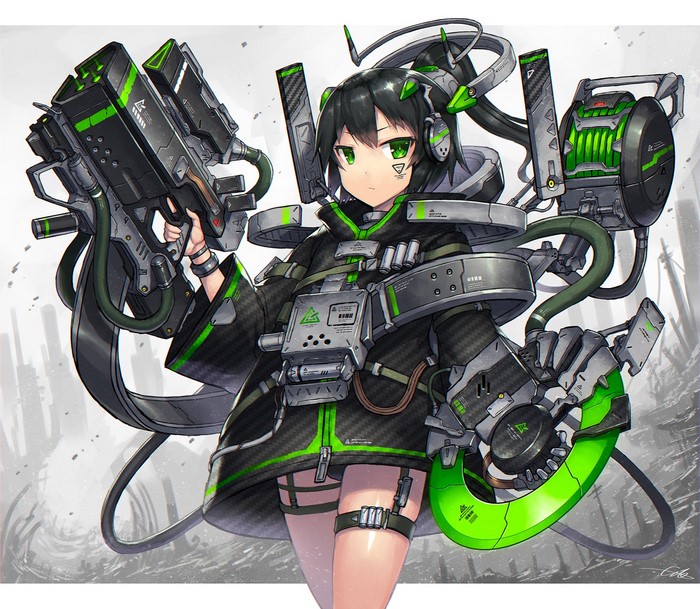 Anime girl with futuristic weapons and armor