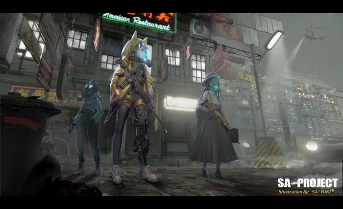 Anime girls with gas masks and weapons in a city