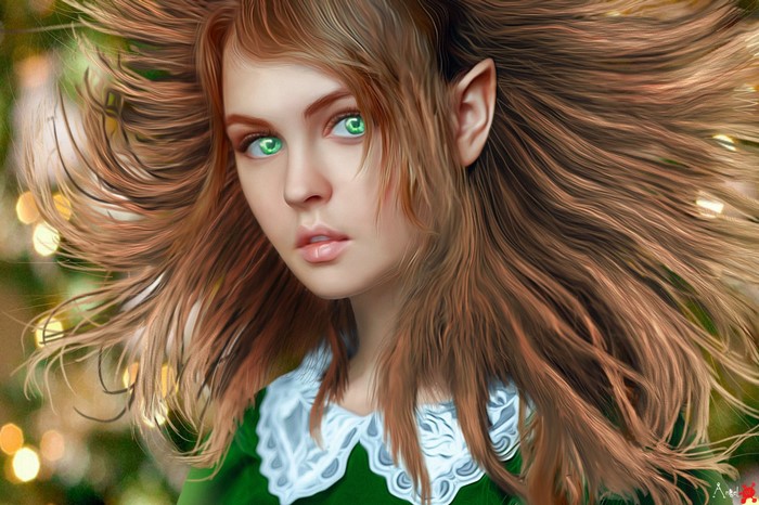 Woman with pointed ears and green eyes