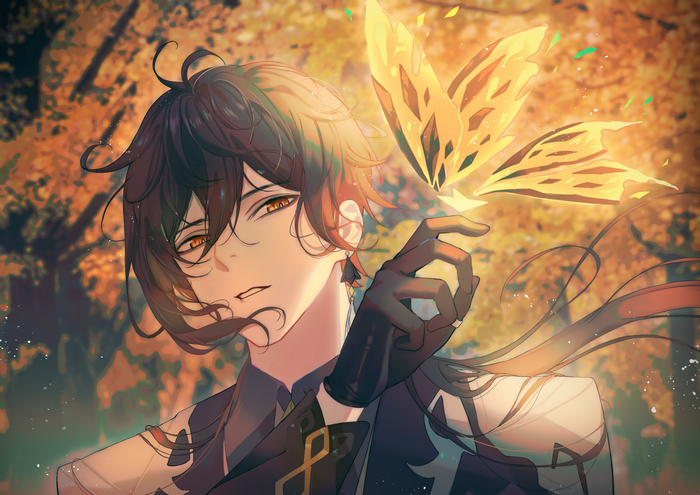 Zhongli (Genshin Impact) with a glowing butterfly