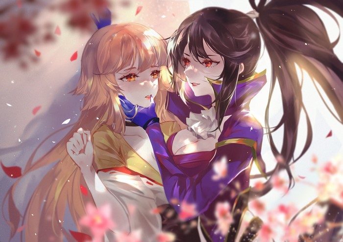 Two anime girls with red eyes and flower petals