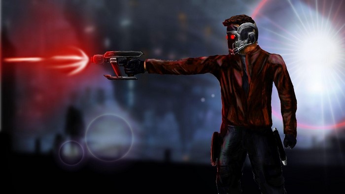 Star-Lord from Guardians of the Galaxy firing a weapon
