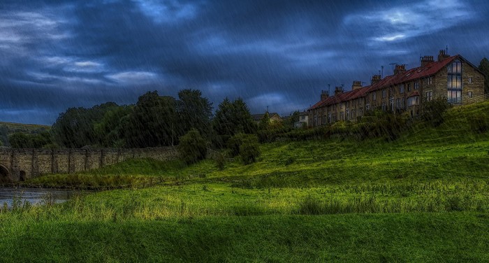 Rainy day in England with terraced houses
