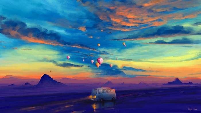 Hot air balloons over a landscape with a van