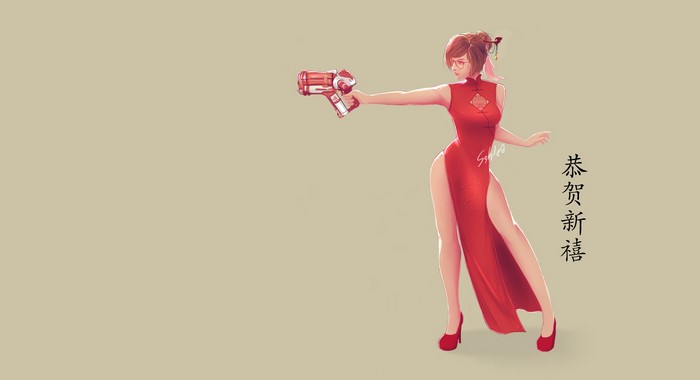 Anime girl in red dress holding a gun