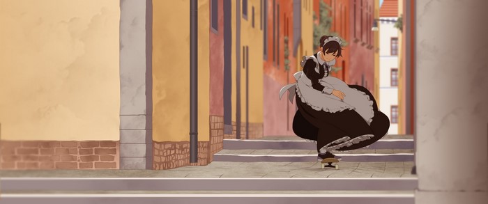 Maid skateboarding down a street