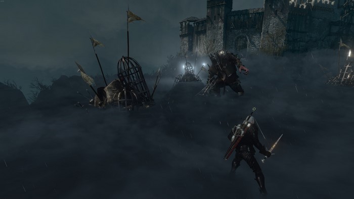 Geralt of Rivia from The Witcher 3: Wild Hunt in a foggy battle