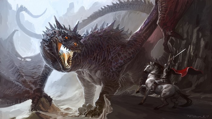 Dragon fighting a knight on a horse