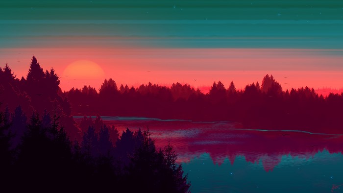 Sunset over a forest and river