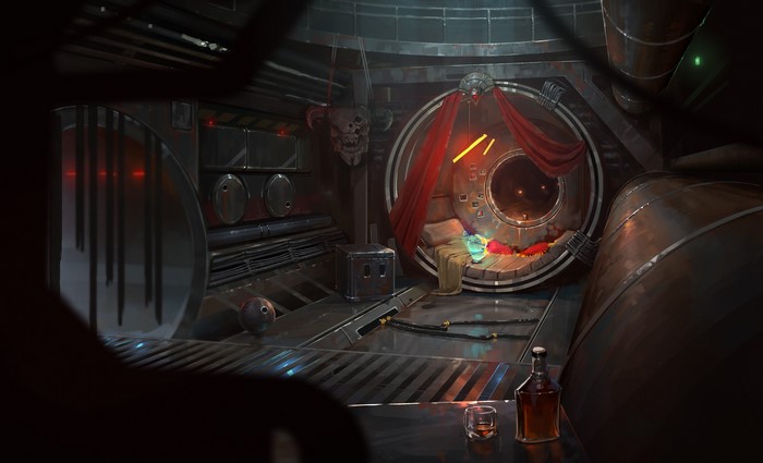 Interior of a dimly lit science fiction room with a bed