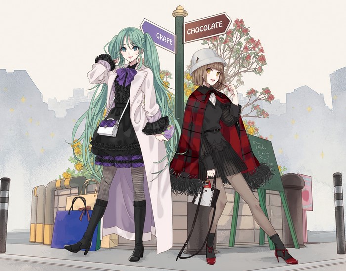 Two anime girls with shopping bags in a city
