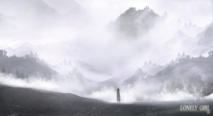 Lonely Girl in a Misty Mountain Landscape