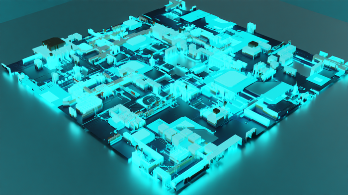 Glowing blue circuit board with intricate details