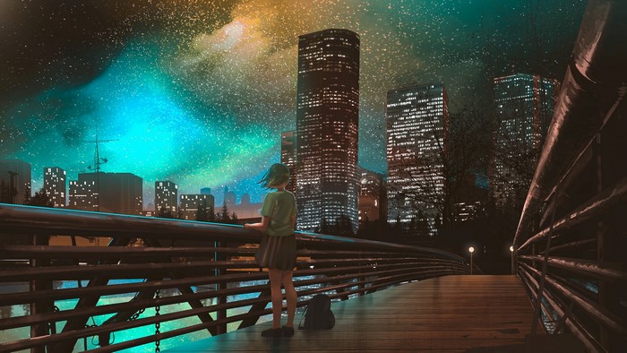 Girl on a bridge looking at a starry city skyline