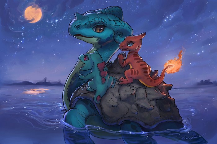 Lapras, Totodile, and Charmander in the Water