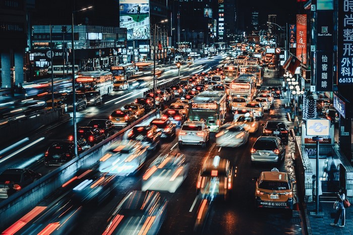 Long exposure of city traffic at night in Taiwan